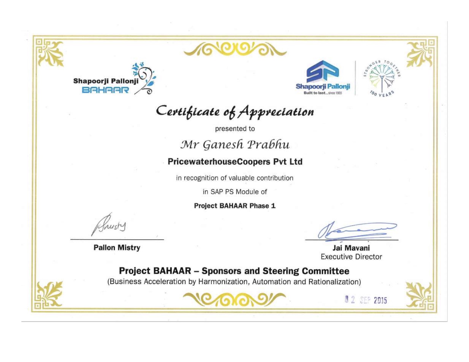 Shapoorji Pallonji Project BAHAAR certificate of appreciation awarded to Ganesh Prabhu, September 2015