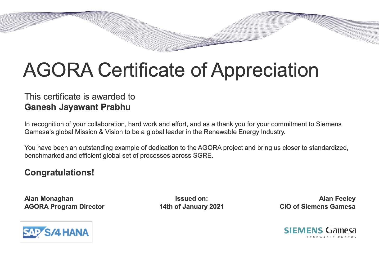 Siemens Gamesa AGORA certificate of appreciation awarded to Ganesh Prabhu, January 2021
